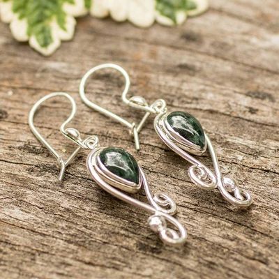 Alternate image for Swirling Silver Dangle Earrings with Dark Green Jade Stones Green Vintage Flair