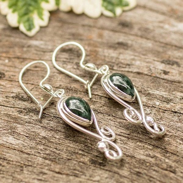 Alternate image for Swirling Silver Dangle Earrings with Dark Green Jade Stones Green Vintage Flair