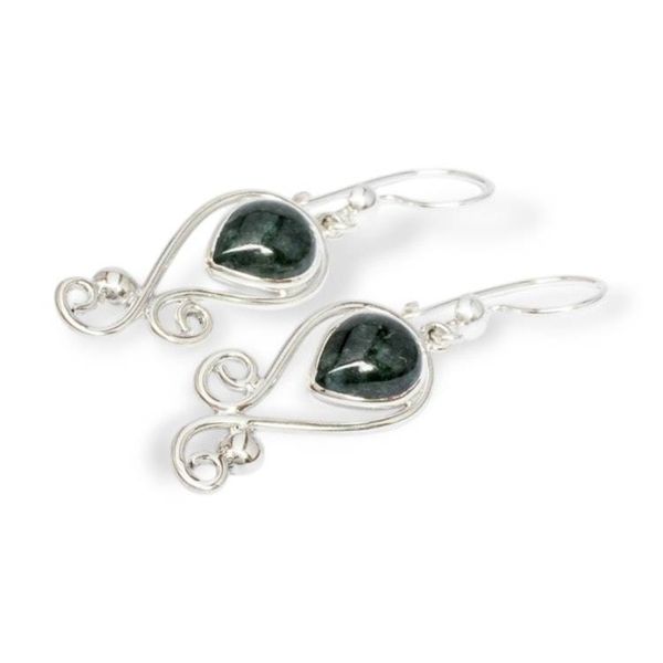 Alternate image for Swirling Silver Dangle Earrings with Dark Green Jade Stones Green Vintage Flair
