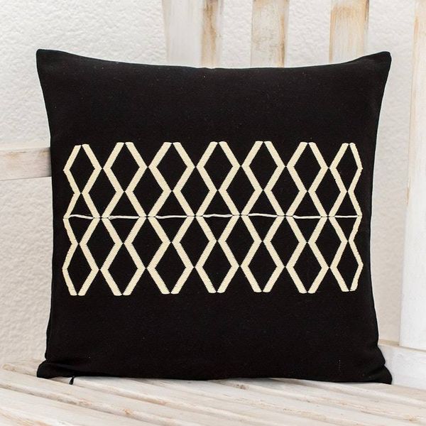 Alternate image for Black Cotton Throw Pillow Cover With Ivory Diamond Motif Divided Diamonds