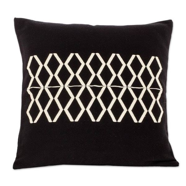 Alternate image for Black Cotton Throw Pillow Cover With Ivory Diamond Motif Divided Diamonds