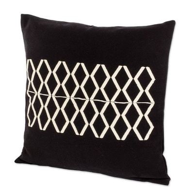 Alternate image for Black Cotton Throw Pillow Cover With Ivory Diamond Motif Divided Diamonds