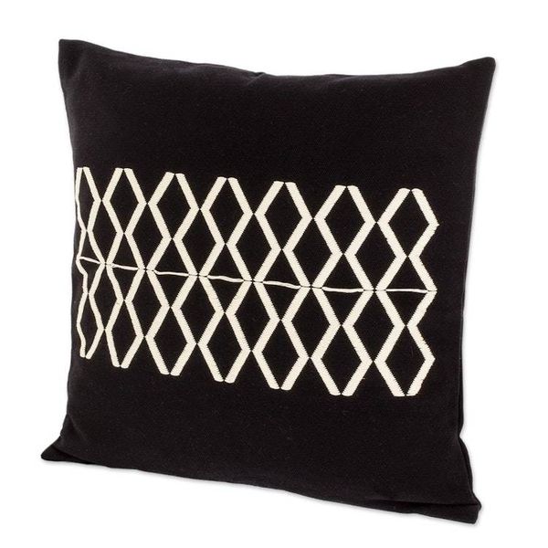 Alternate image for Black Cotton Throw Pillow Cover With Ivory Diamond Motif Divided Diamonds