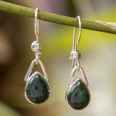 Alternate image for Sterling Silver Dangle Earrings with Dark Green Jade Drops Green Drop of Elegance