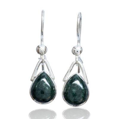 Alternate image for Sterling Silver Dangle Earrings with Dark Green Jade Drops Green Drop of Elegance