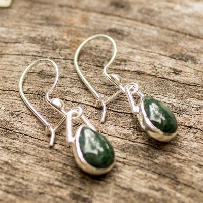 Alternate image for Sterling Silver Dangle Earrings with Dark Green Jade Drops Green Drop of Elegance