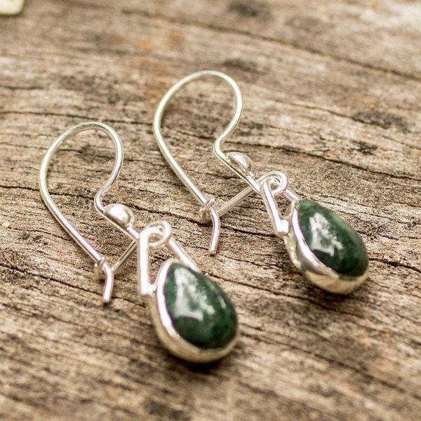 Alternate image for Sterling Silver Dangle Earrings with Dark Green Jade Drops Green Drop of Elegance