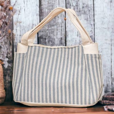 Alternate image for Handcrafted Azure and Alabaster Striped Cotton Handle Bag Blue Versatility