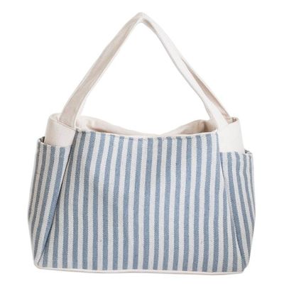 Alternate image for Handcrafted Azure and Alabaster Striped Cotton Handle Bag Blue Versatility