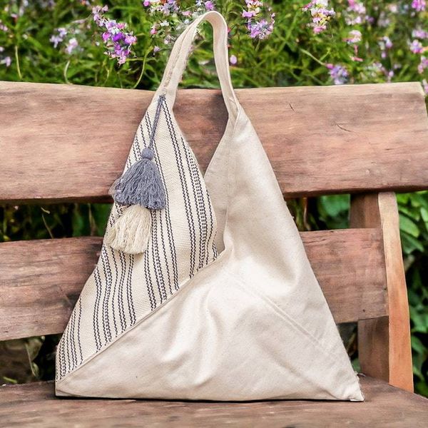 Alternate image for Handcrafted Eco-Friendly Ivory and Azure Cotton Shopping Bag Natural Lines