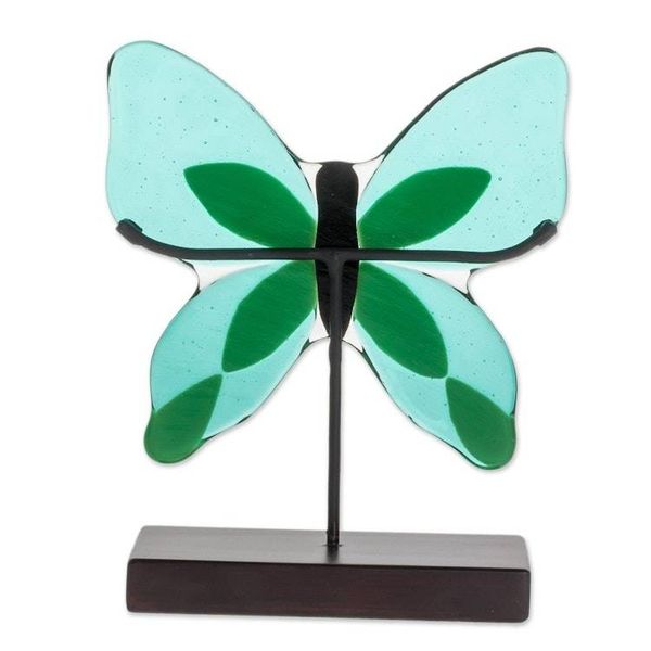 Alternate image for Art Glass Butterfly Sculpture in Green from El Salvador Flight of Color in Green