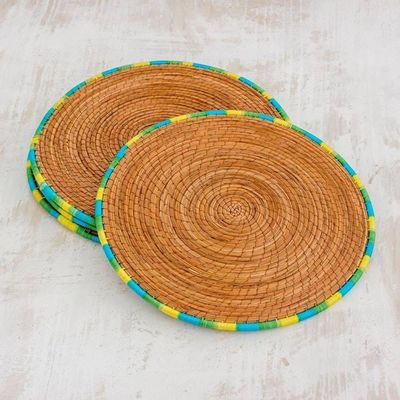 Alternate image for Four Pine Needle Placemats with Blue Green and Yellow Trim Latin Dinnertime
