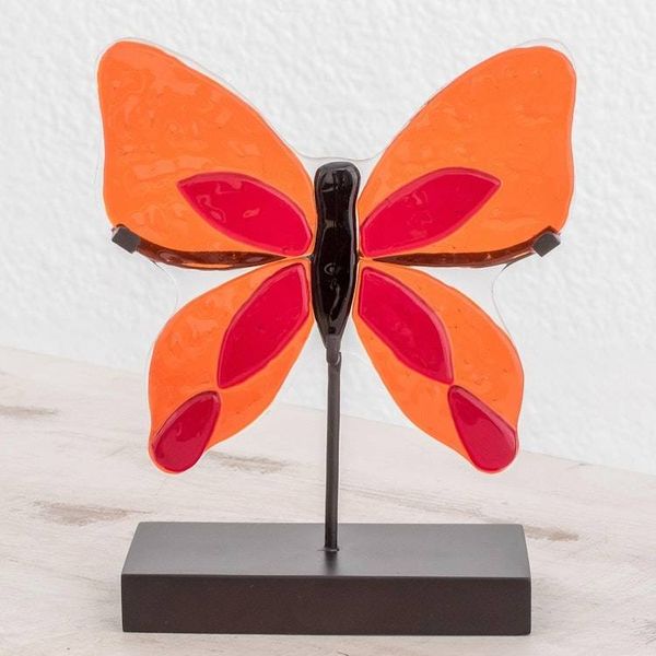 Alternate image for Art Glass Butterfly Sculpture in Orange from El Salvador Flight of Color in Red