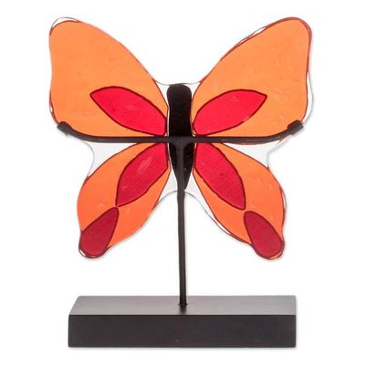Alternate image for Art Glass Butterfly Sculpture in Orange from El Salvador Flight of Color in Red