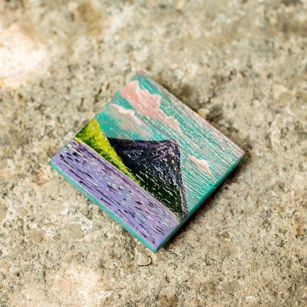 Hand-Painted Cedarwood Magnet of Guatemalan Lake Atitlan 'Lake Atitlan'