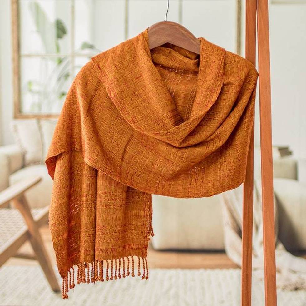 Hand-Woven Textured Fringed Cotton Scarf in Yellow and Red 'Geometric Fire'