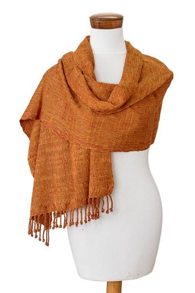 Alternate image for Hand-Woven Textured Fringed Cotton Scarf in Yellow and Red Geometric Fire