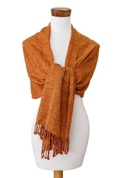 Alternate image for Hand-Woven Textured Fringed Cotton Scarf in Yellow and Red Geometric Fire