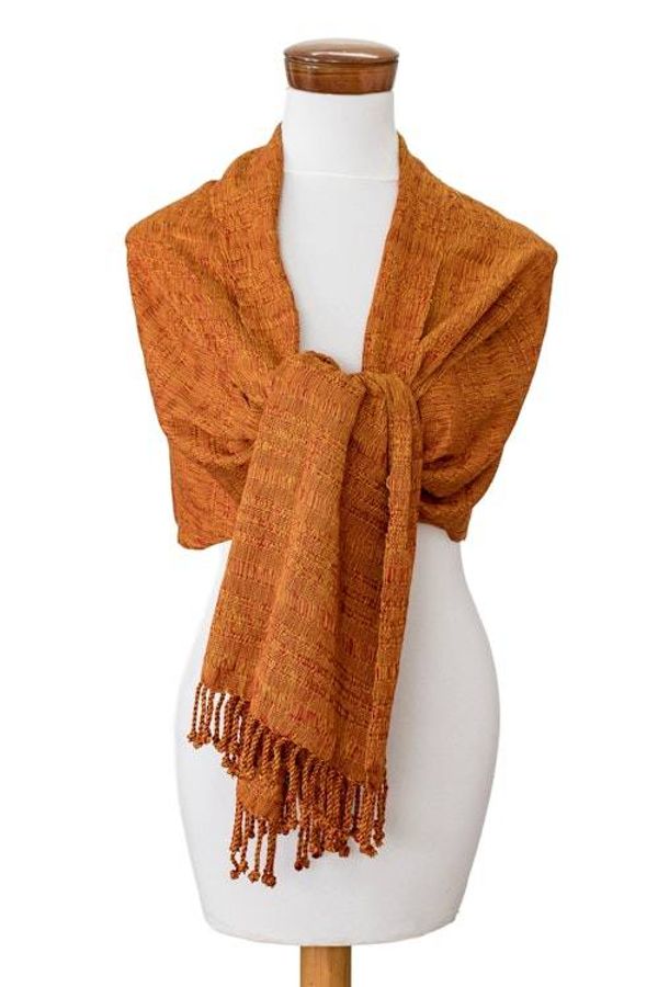 Alternate image for Hand-Woven Textured Fringed Cotton Scarf in Yellow and Red Geometric Fire