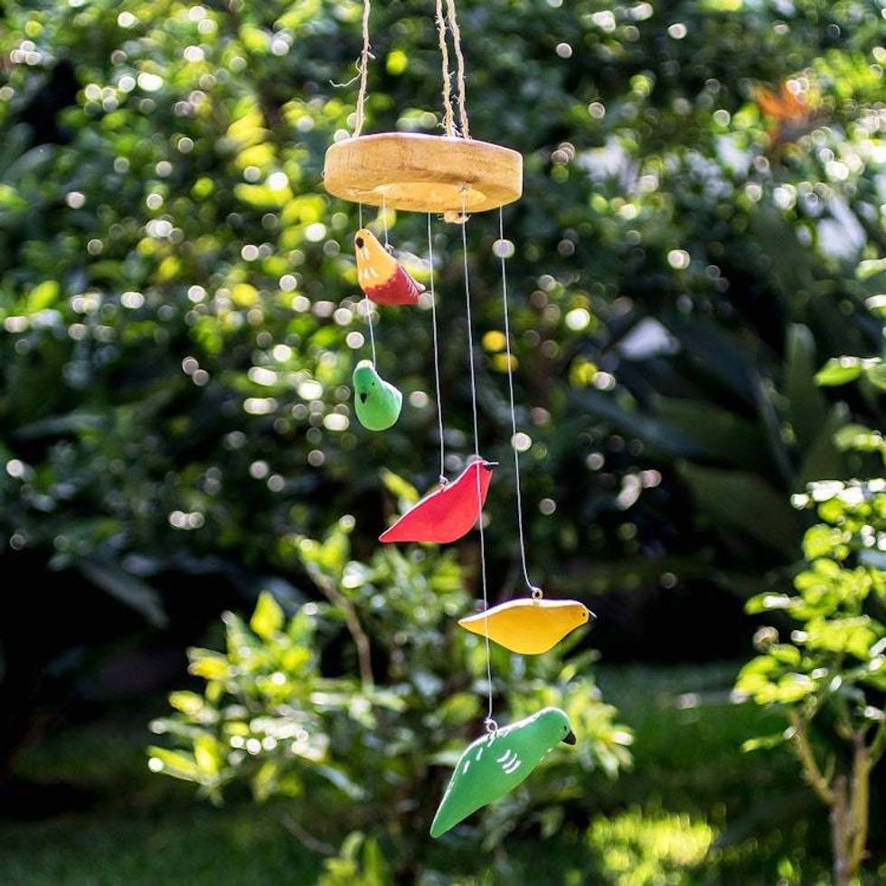 Hand Carved Wood Bird Mobile 'Feathered Friends'