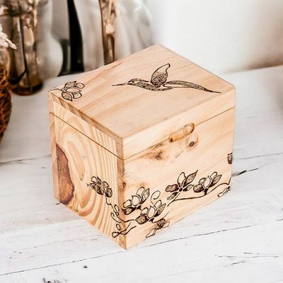 Alternate image for Hand-Carved Hummingbird-Themed Pinewood Decorative Box Harmonious Traces
