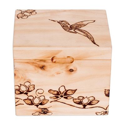 Alternate image for Hand-Carved Hummingbird-Themed Pinewood Decorative Box Harmonious Traces