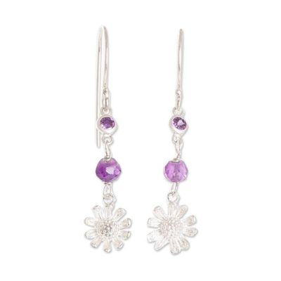 Alternate image for Crystal Beaded 925 Sterling Silver Floral Dangle Earrings Purple Daisies