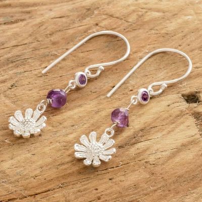 Alternate image for Crystal Beaded 925 Sterling Silver Floral Dangle Earrings Purple Daisies
