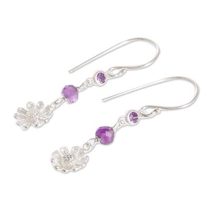 Alternate image for Crystal Beaded 925 Sterling Silver Floral Dangle Earrings Purple Daisies