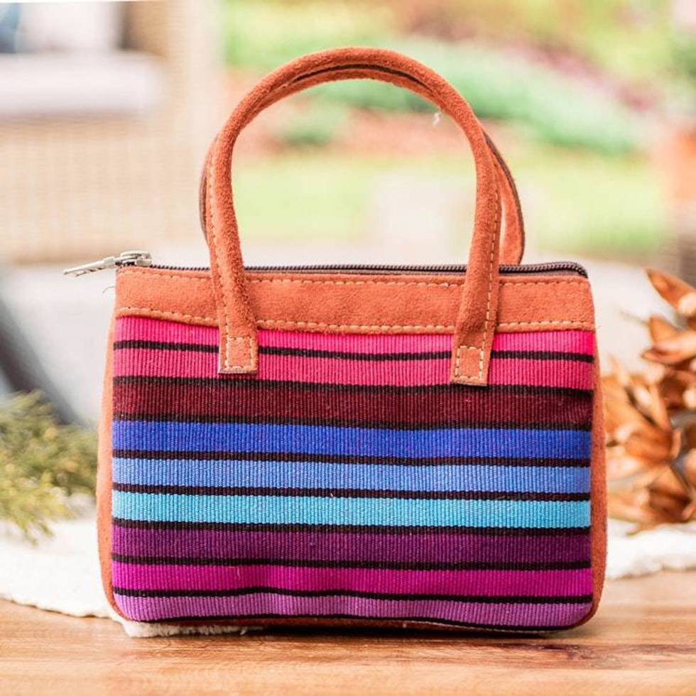 Multicolor Striped Cotton Handle Bag with Leather Accents 'Vibrant Choices'