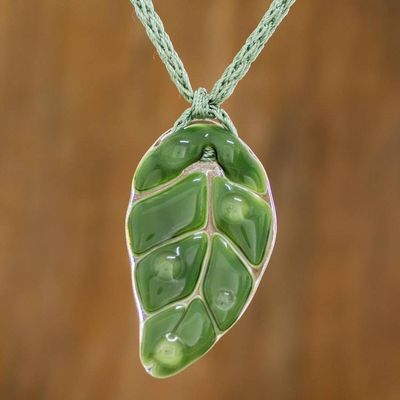 Primary image for Dark Green Art Glass Leaf Pendant Necklace with Braided Cord Green Rain Forest Drop