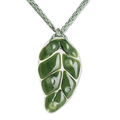 Alternate image for Dark Green Art Glass Leaf Pendant Necklace with Braided Cord Green Rain Forest Drop