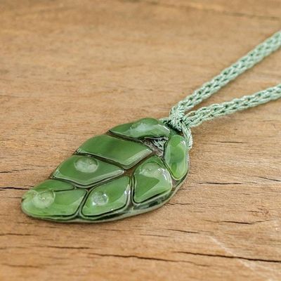 Alternate image for Dark Green Art Glass Leaf Pendant Necklace with Braided Cord Green Rain Forest Drop
