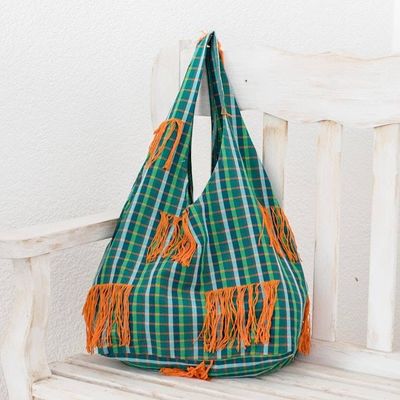 Primary image for Handwoven Green Plaid Rounded Tote Bag With Orange Tassels Tassel Carryall