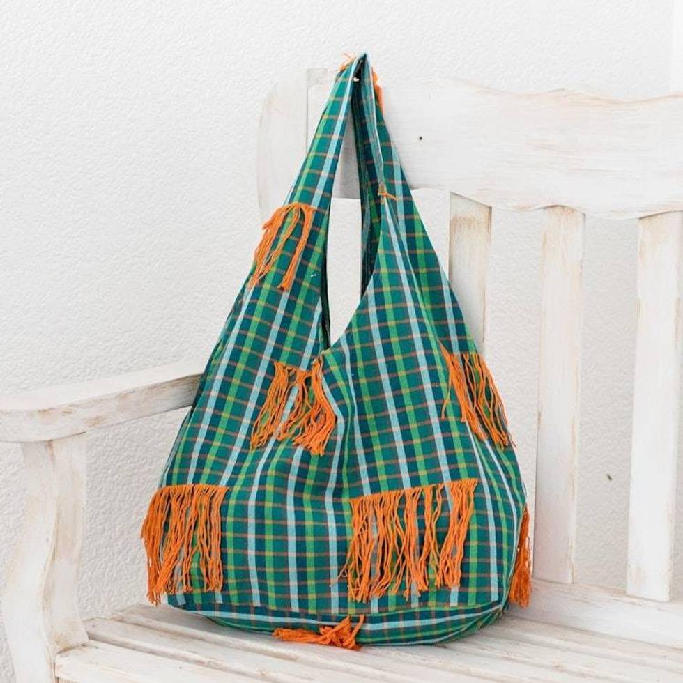 Handwoven Green Plaid Rounded Tote Bag With Orange Tassels 'Tassel Carryall'