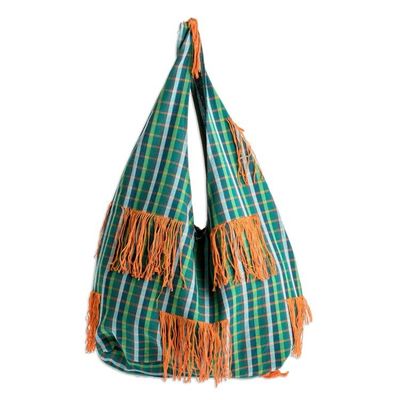 Alternate image for Handwoven Green Plaid Rounded Tote Bag With Orange Tassels Tassel Carryall