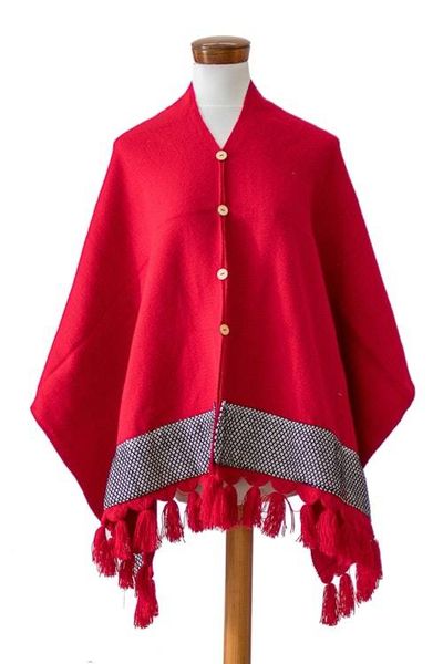 Alternate image for Red Handloomed Geometric-Themed Poncho with Tassels Crimson Zigzag