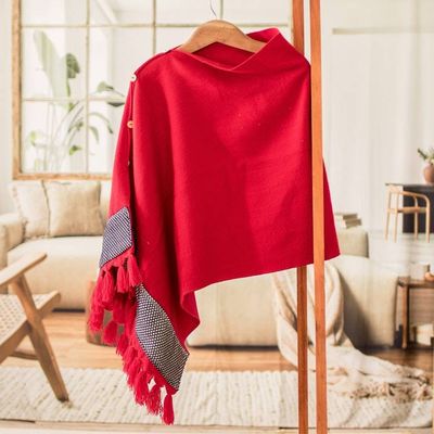 Alternate image for Red Handloomed Geometric-Themed Poncho with Tassels Crimson Zigzag