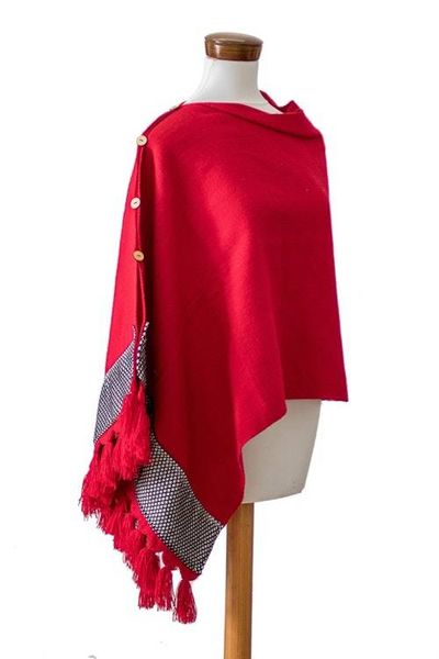 Alternate image for Red Handloomed Geometric-Themed Poncho with Tassels Crimson Zigzag