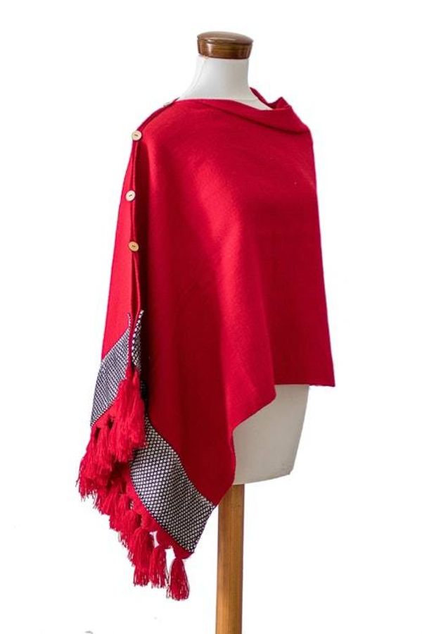 Alternate image for Red Handloomed Geometric-Themed Poncho with Tassels Crimson Zigzag
