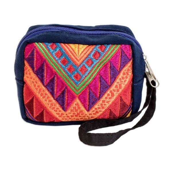 Alternate image for Blue Geometric-Themed Coin Purse with Handwoven Cotton Panel Fashionable Versatility