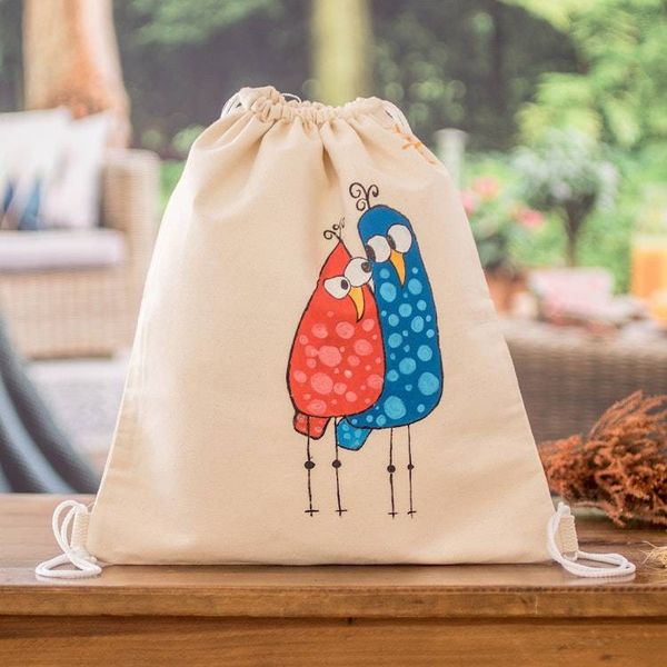 Alternate image for Hand-Painted Bird Themed Cotton Drawstring Backpack Dynamic Duo