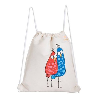 Alternate image for Hand-Painted Bird Themed Cotton Drawstring Backpack Dynamic Duo