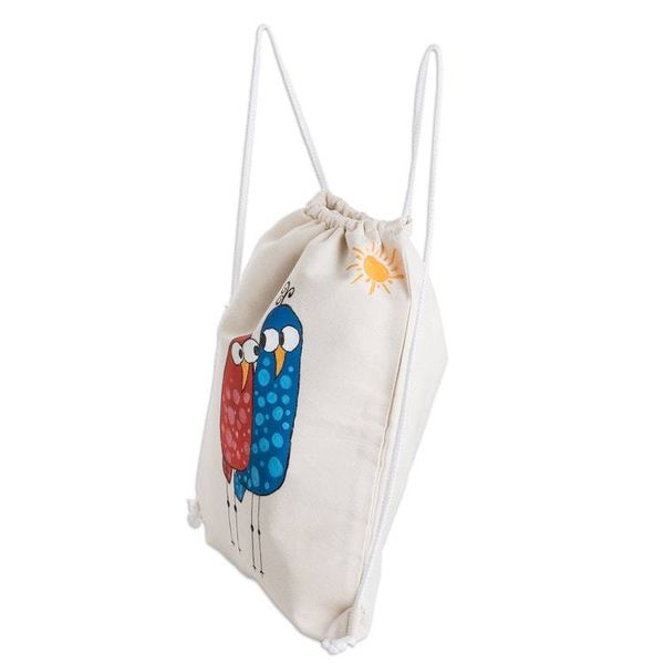 Alternate image for Hand-Painted Bird Themed Cotton Drawstring Backpack Dynamic Duo