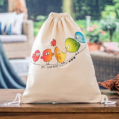 Primary image for Hand-Painted Cotton Drawstring Backpack with Bird Motif Unconditional Support