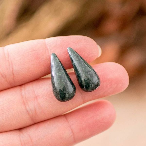 Alternate image for Drop-Shaped Dark Green Jade Button Earrings from Guatemala Proud Dew