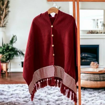 Primary image for Burgundy Handloomed Poncho with Cotton Panel and Tassels Burgundy Zigzag