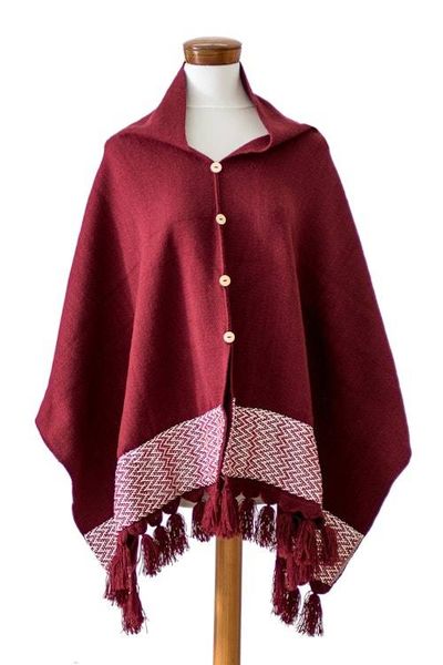 Alternate image for Burgundy Handloomed Poncho with Cotton Panel and Tassels Burgundy Zigzag