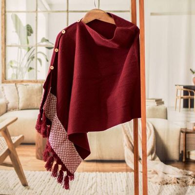 Alternate image for Burgundy Handloomed Poncho with Cotton Panel and Tassels Burgundy Zigzag