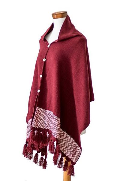 Alternate image for Burgundy Handloomed Poncho with Cotton Panel and Tassels Burgundy Zigzag
